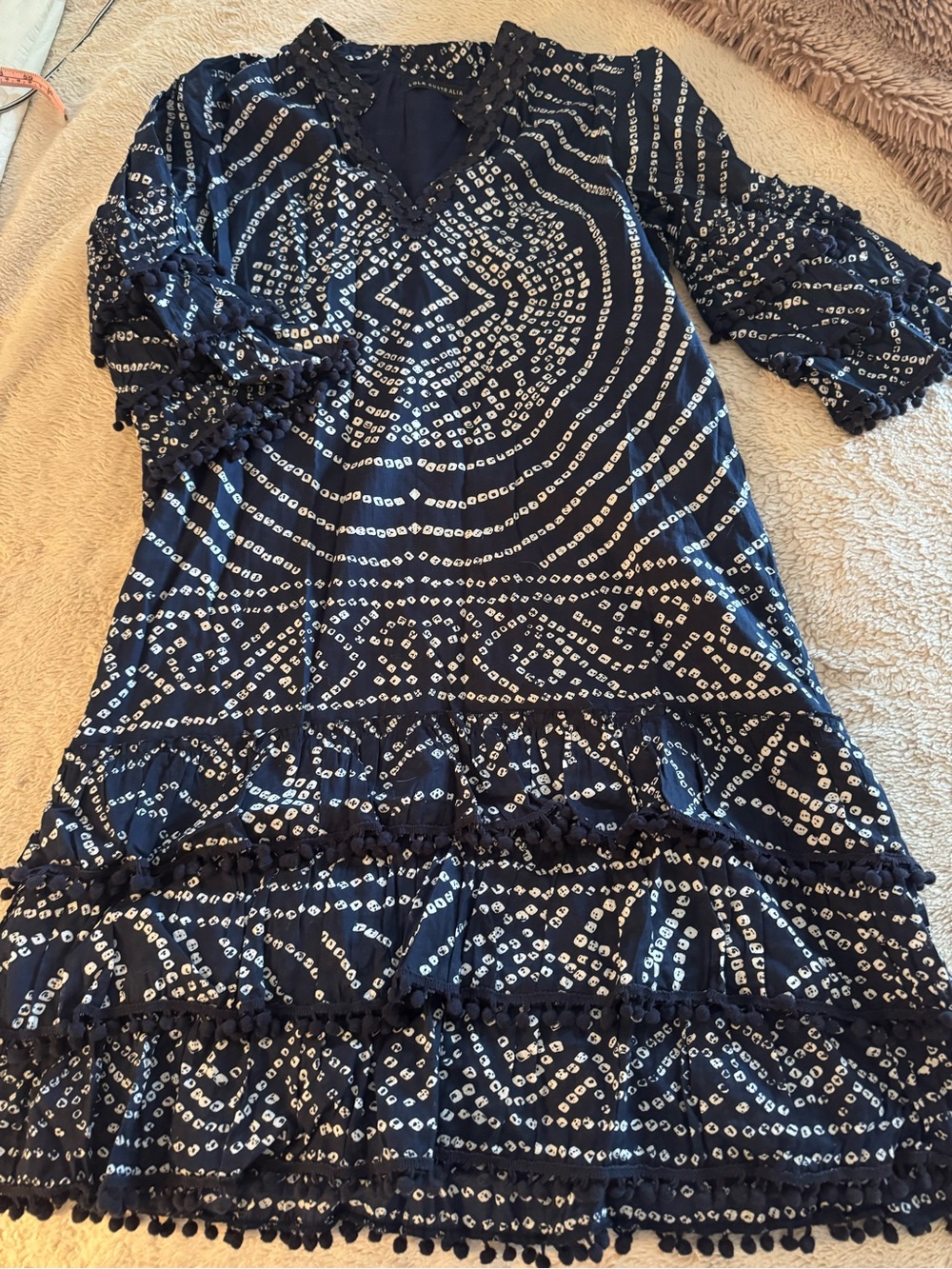 Navy Blue Printed Midi Dress with Pom-Pom Trim